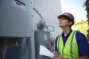 Engineer inspecting inverter of residential block